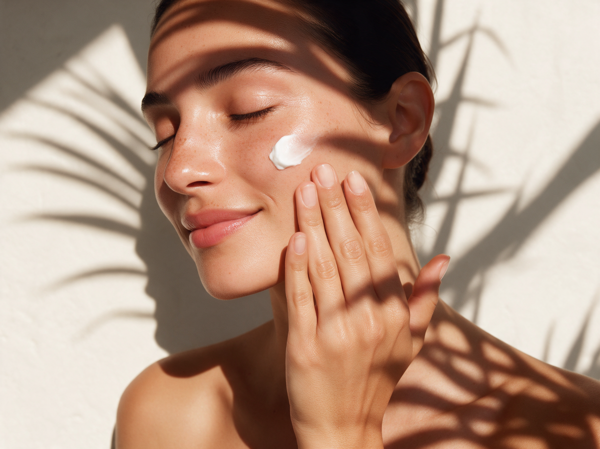 Woman smoothing whipped cream onto her cheek in the morning sun
