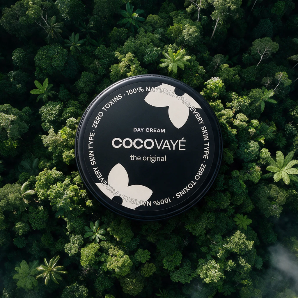Cocovayé day cream tin on a forest canopy