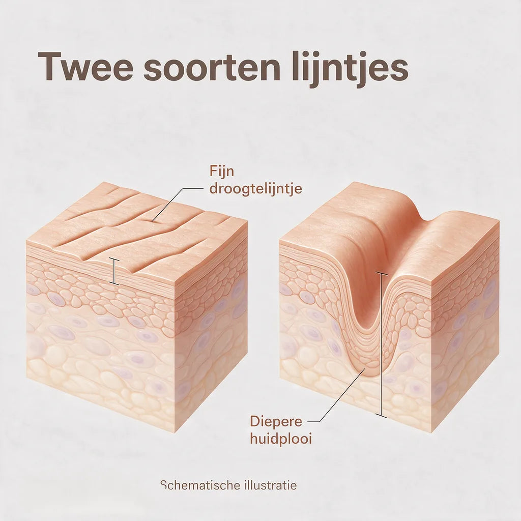 Schematische vergelijking van fijne droogtelijntjes en een diepere huidplooi.