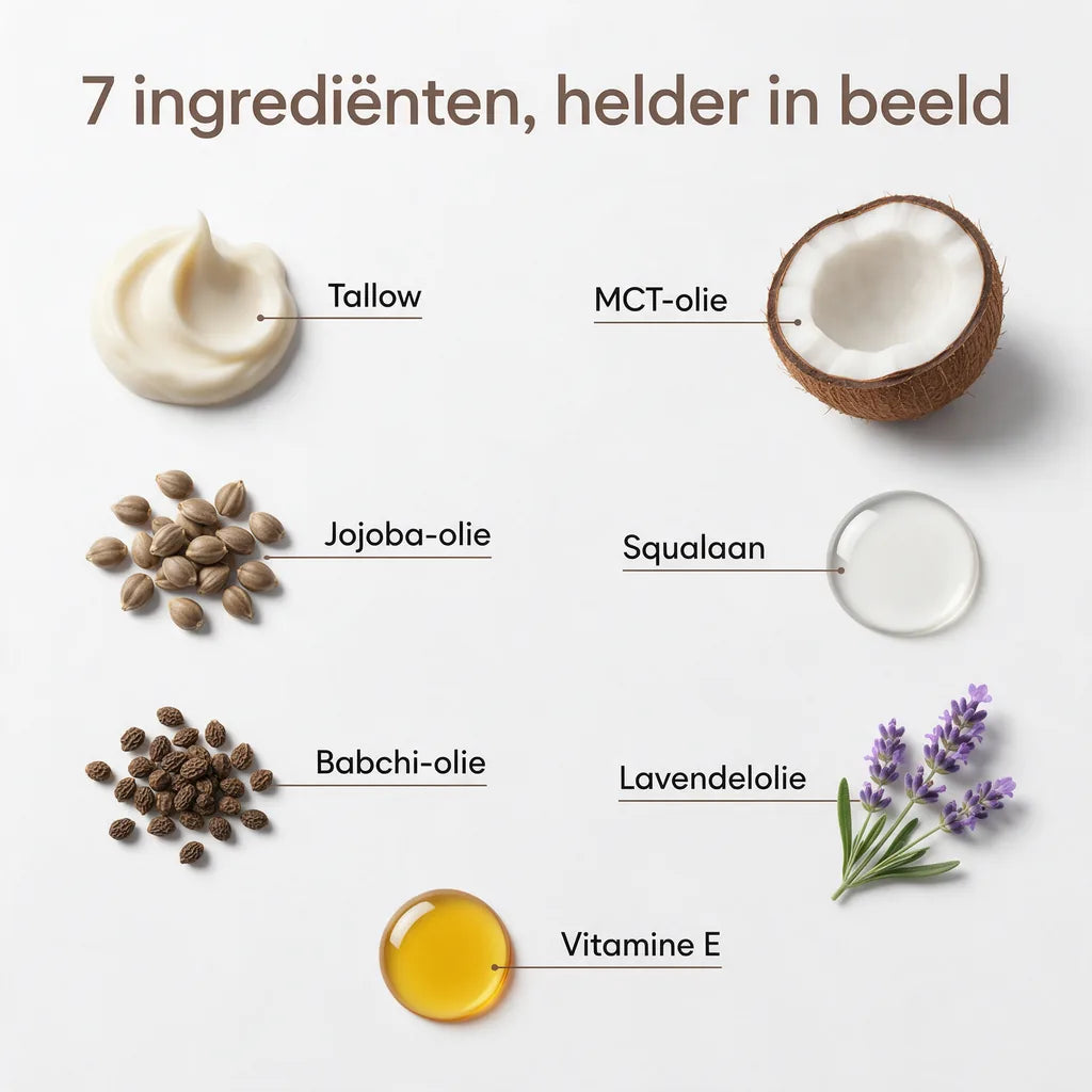 Zeven ingrediënten afzonderlijk weergegeven met korte beschrijvingen.