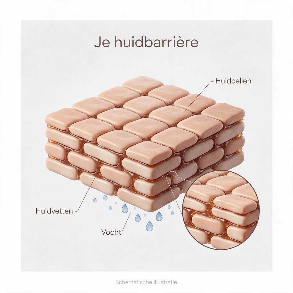 De huidbarrière met huidcellen, vetten ertussen en vocht eronder.