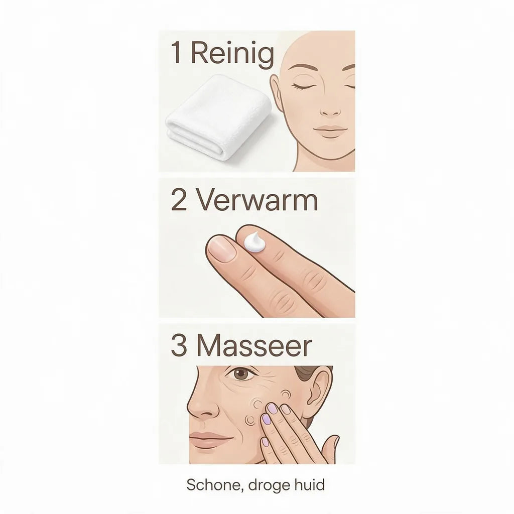 Drie stappen: reinigen, een kleine hoeveelheid verwarmen en zachtjes inmasseren.